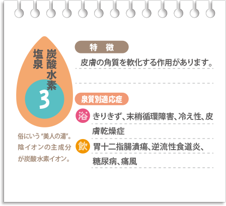 【炭酸水素塩泉】皮膚の角質を軟化する作用があります。浴用できりきず、末梢循環障害、冷え性、皮膚乾燥症、飲用で胃十二指腸潰瘍、逆流性食道炎、糖尿病、痛風に適応。